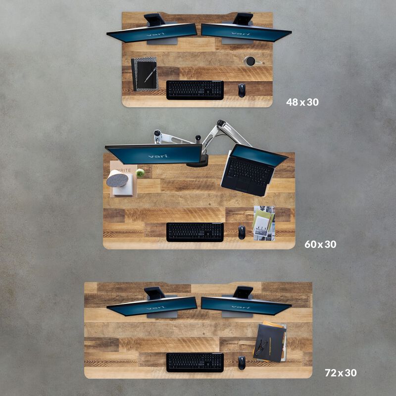 Overhead view of all sizes of Electric Standing Desk with ComfortEdge in Reclaimed Wood image number null